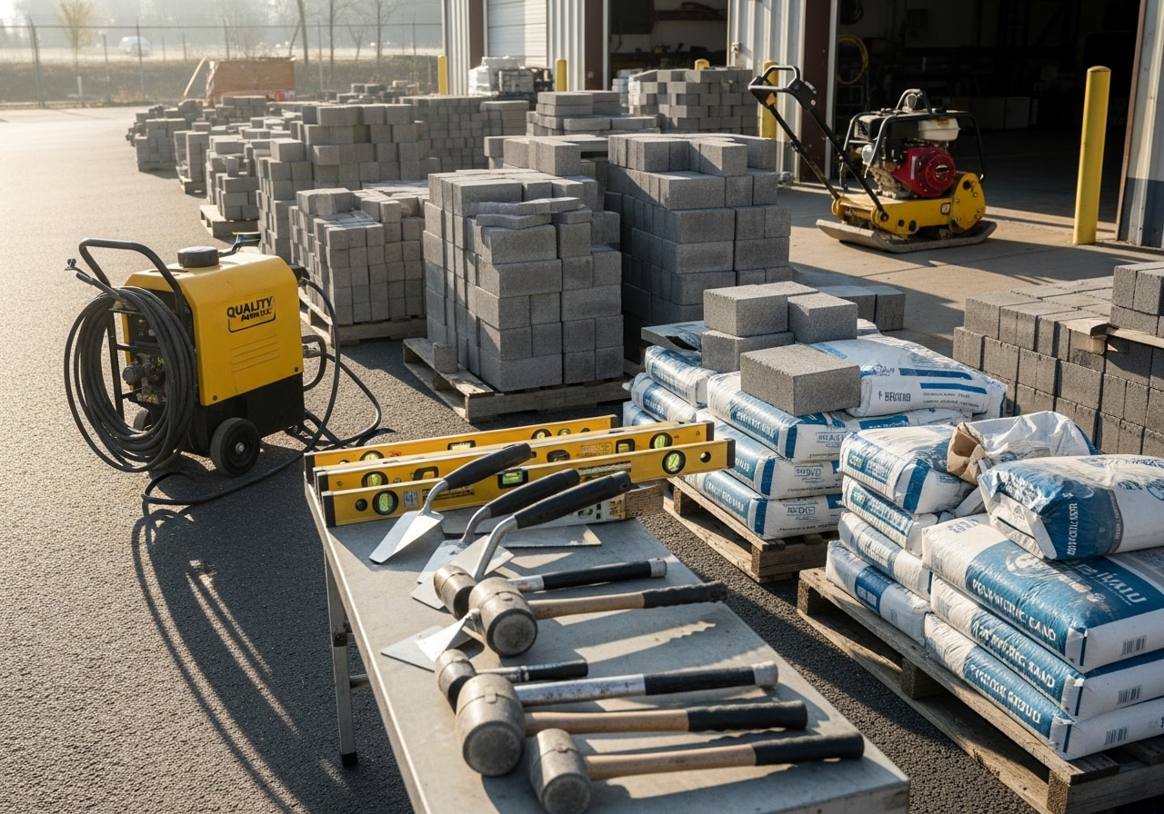 Paver installation crew at work on a residential driveway, showing tools and materials staged for a project.