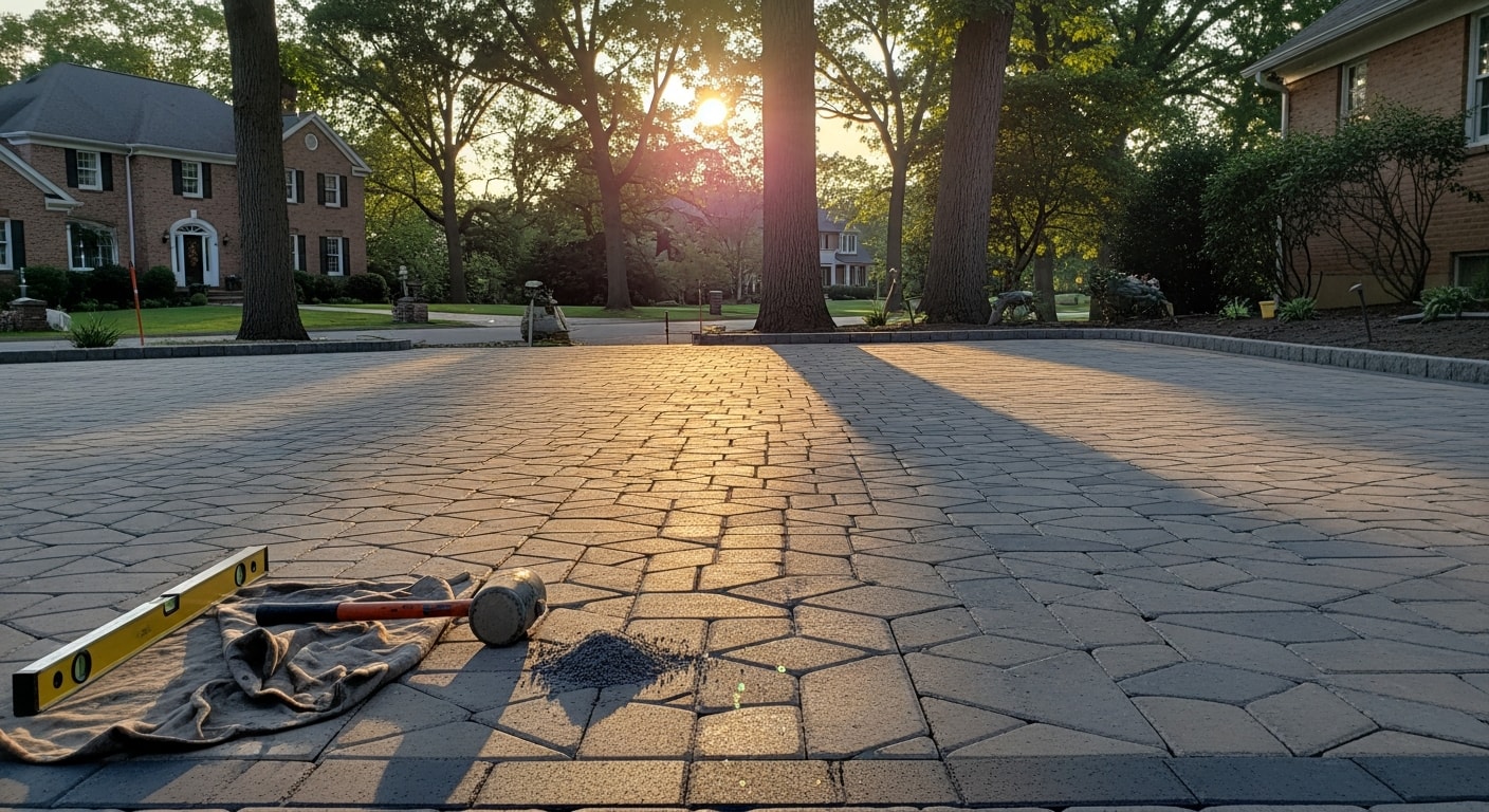 Professional paver installation and repair work on residential driveway