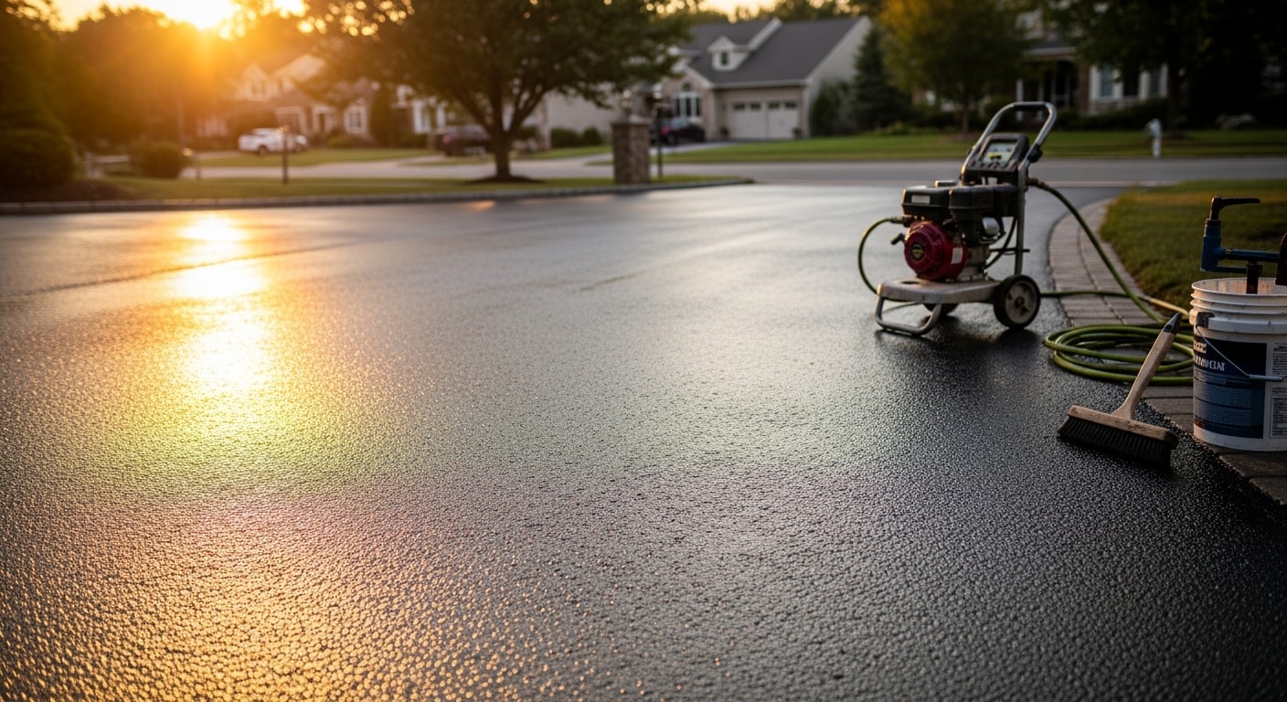 Professional power washing and sealing of residential patio surface