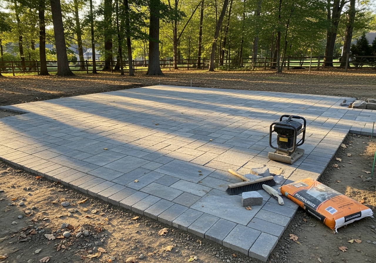 New bluestone patio with random ashlar pattern and natural gray-blue tones in Warren County