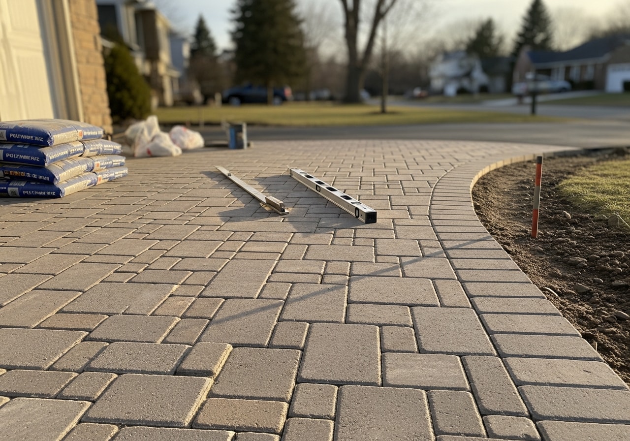 New brick paver walkway with running bond pattern leading to front entrance in Passaic