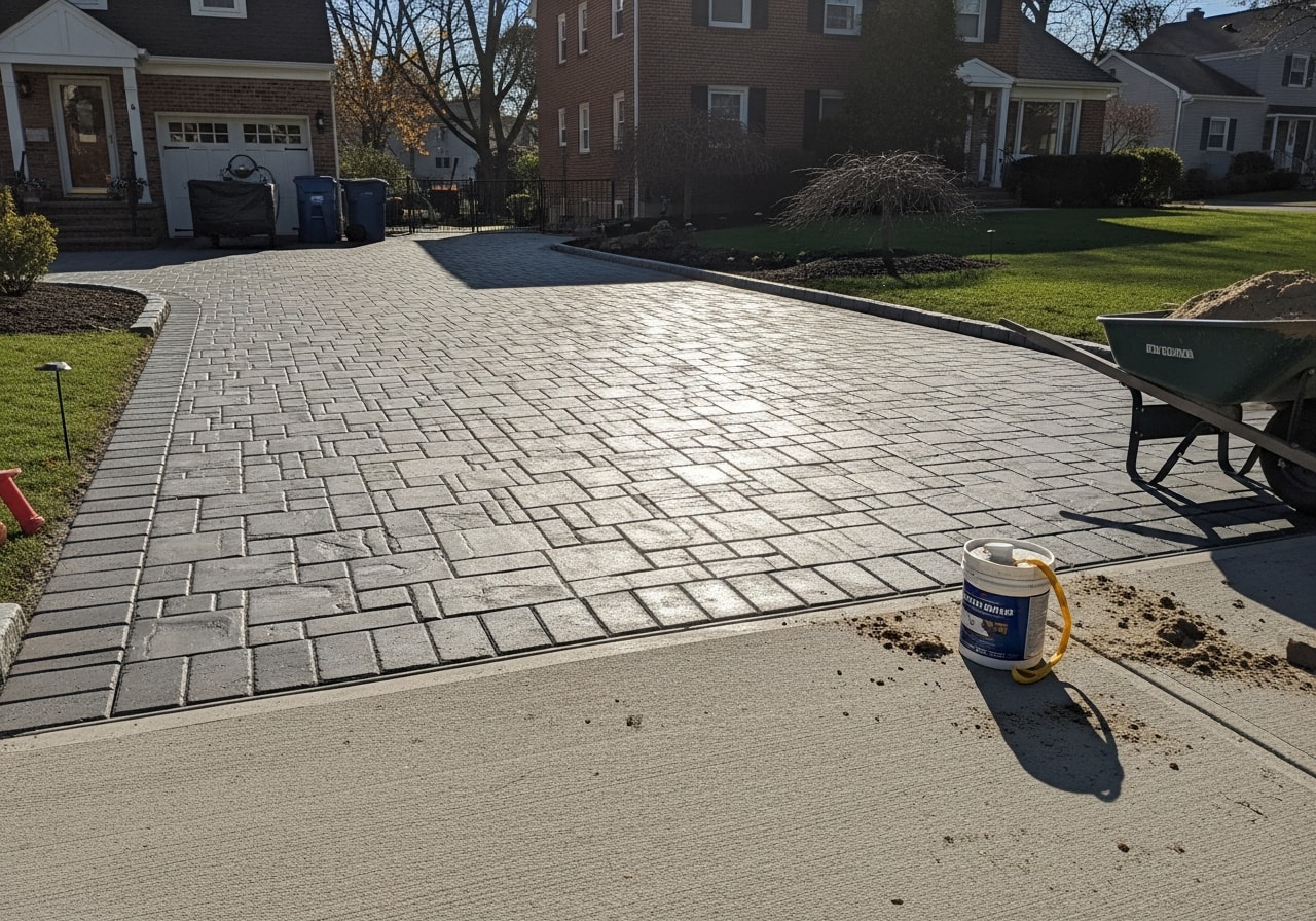 Repaired concrete paver driveway with uniform gray pavers and fresh sealer in Union County