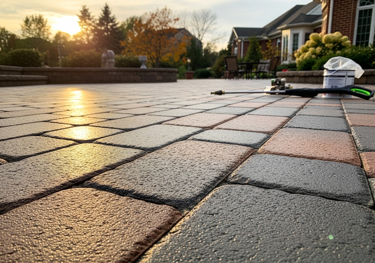 Restored paver patio with vibrant color and protective sealer in Middlesex County residential property