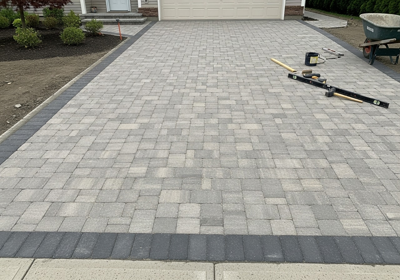 Completed permeable paver driveway with gray and tan pavers in Morris Township residential property