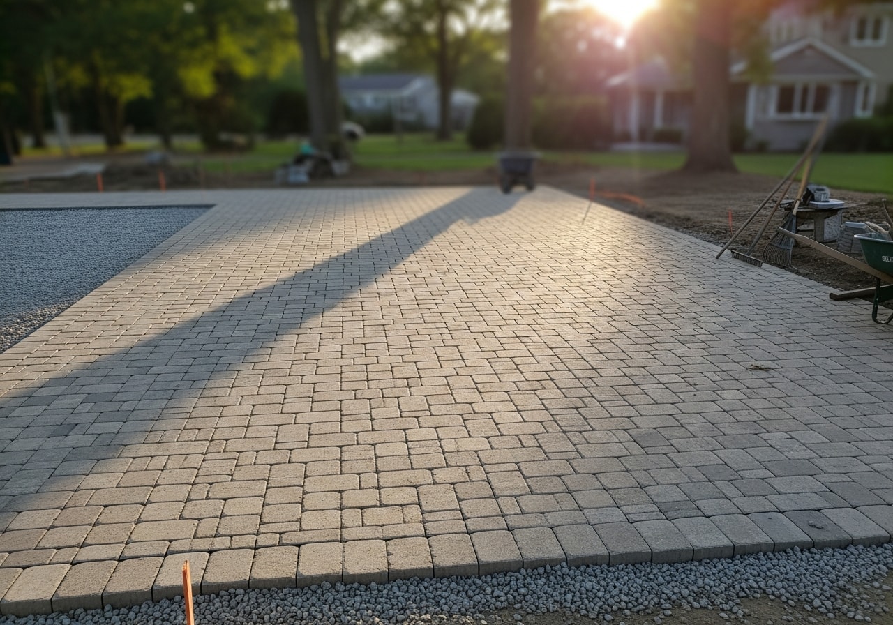 Large permeable paver parking area with light gray pavers and grass infill in Somerset County