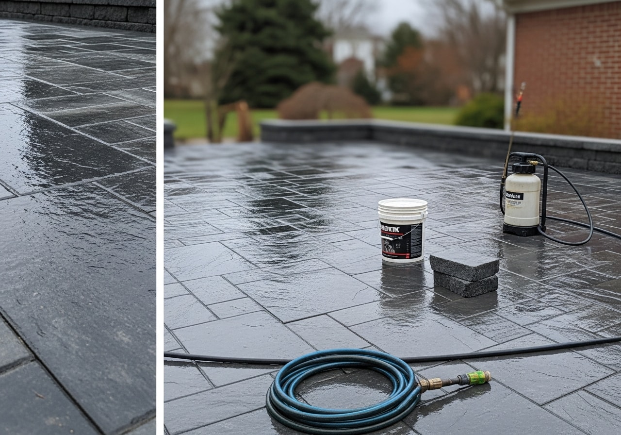 Freshly sealed slate patio with dark gray tones and clean grout lines in Essex County home