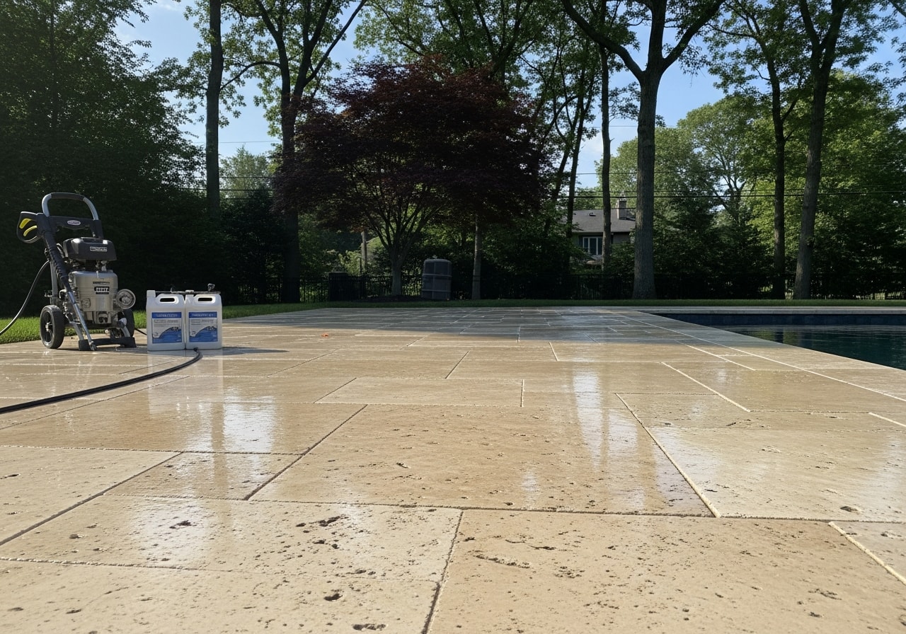 Clean travertine pool deck with warm beige tones and protective sealer applied in Bergen County
