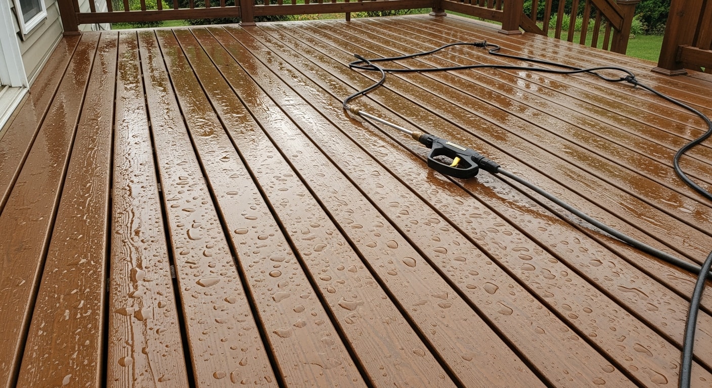 A residential wood deck in Morris County, New Jersey after professional pressure washing, showing clean boards and railings free of mold, mildew, and dark staining. Quality Pavers LLC deck cleaning service result on a multi-level backyard deck.