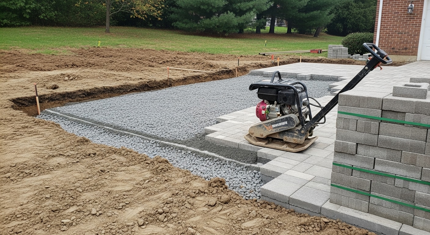 Completed interlocking paver driveway at a residential property in Morris County, New Jersey, showing a wide apron entry with uniform joint lines and clean edge restraints. The driveway leads to a two-car garage with graded drainage visible along the border.