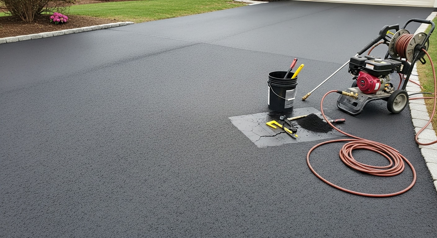 A freshly sealed asphalt driveway in front of a residential home in Morris County, New Jersey, showing a uniform dark surface with clean edges after professional driveway sealing service by Quality Pavers LLC. The surface is smooth and free of fading or surface cracks, reflecting recent pressure washing and seal coat application.