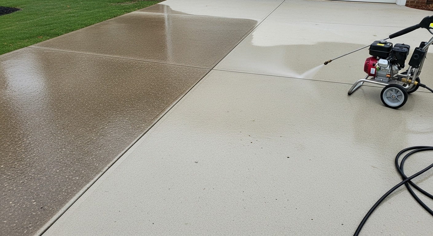 A residential driveway and paver patio in a New Jersey home showing clean, restored surfaces after professional exterior pressure washing. Algae and dark staining have been removed from the concrete and paver joints, revealing the original surface color.