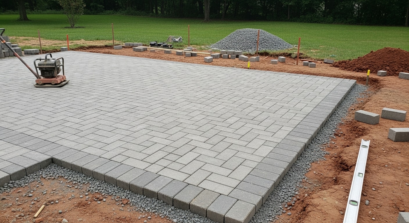 Completed patio paver installation in a residential backyard in Morris County, New Jersey, showing a level interlocking paver surface with clean edge restraints and tight polymeric sand joints. The patio extends from the rear of a single-family home with surrounding lawn visible.