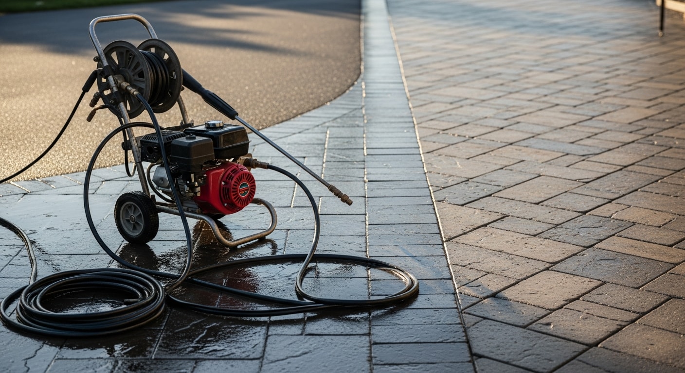 A freshly sealed paver patio in a New Jersey backyard showing deep, even color and clean joints with no visible weed growth. The surface reflects light evenly, indicating a recently applied protective coat by Quality Pavers LLC.