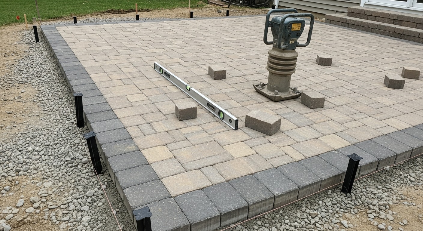 Newly installed interlocking paver patio in a residential backyard in Morris County, New Jersey, with clean joint lines and a compacted gravel base visible at the edge. A matching paver walkway connects the patio to the rear of the home.