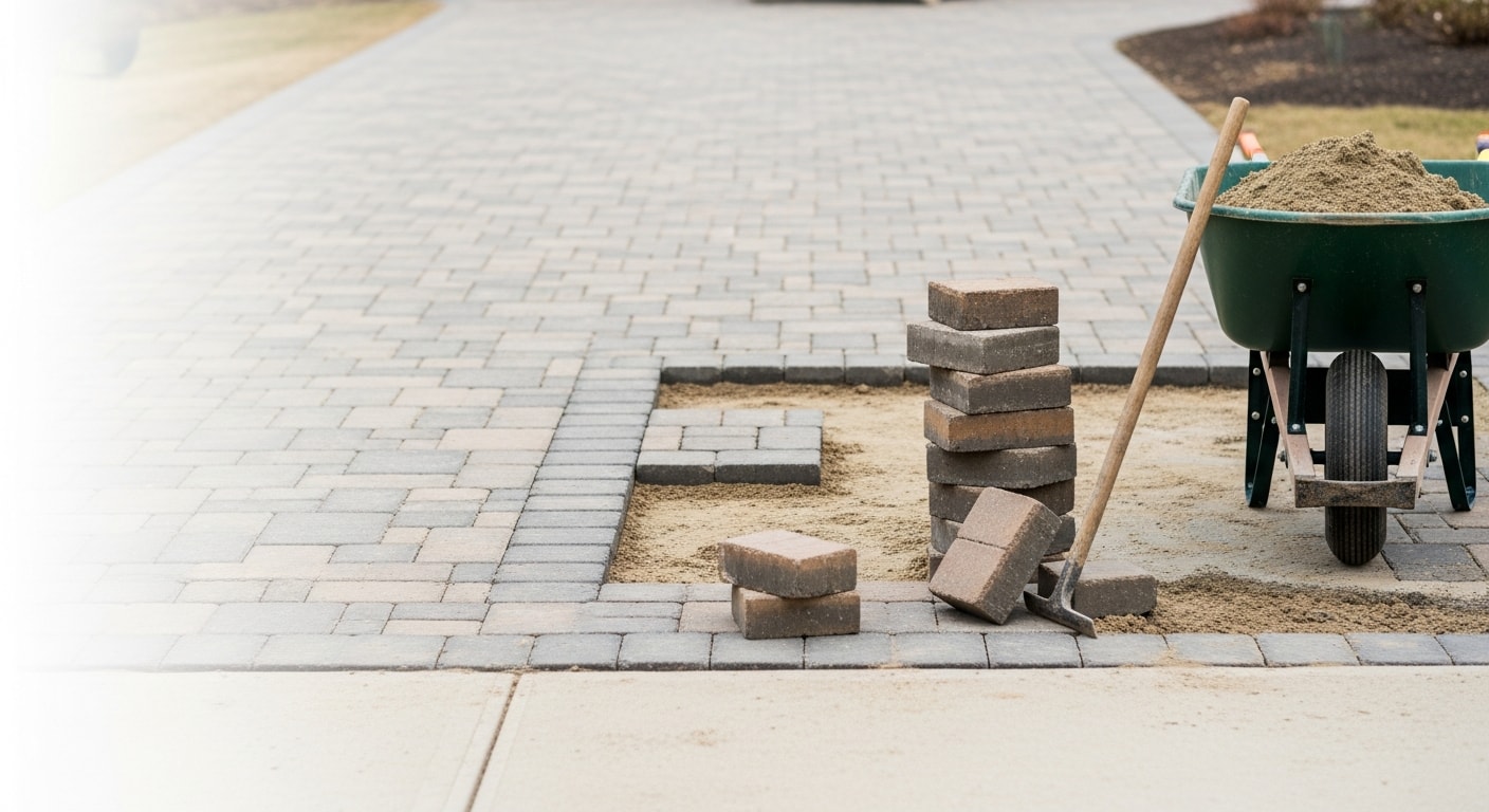 A repaired paver patio in a New Jersey backyard showing a flat, evenly set surface with tight joints and no visible cracking or sunken sections. The surrounding landscape reflects a typical residential property in Morris or Bergen County.