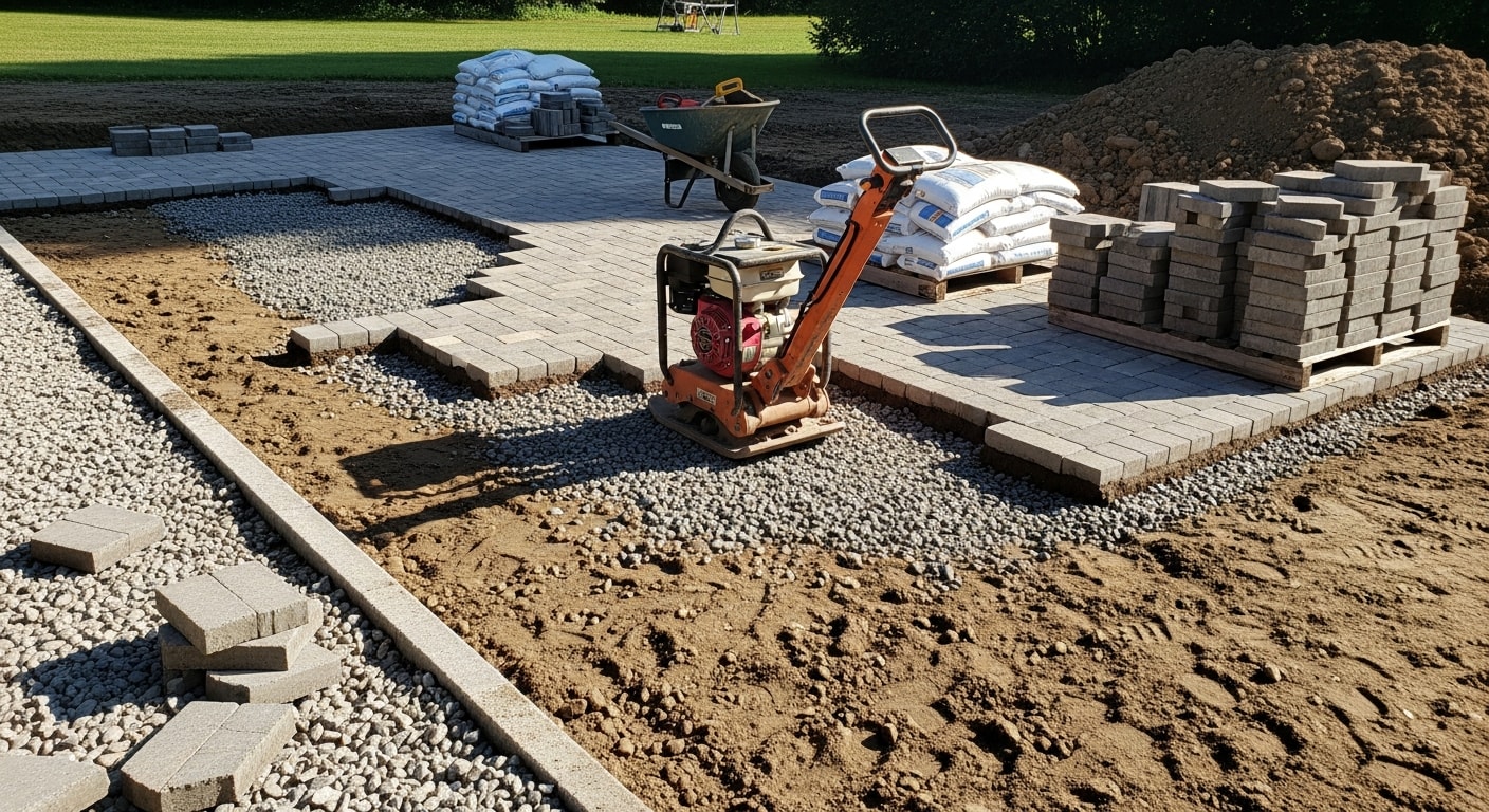 A completed paver replacement project at a residential property in Morris County, New Jersey, showing a flat, evenly laid paver patio with tight polymeric sand joints and clean edge restraints. The surface slopes away from the home's foundation with no visible cracking or sunken sections.