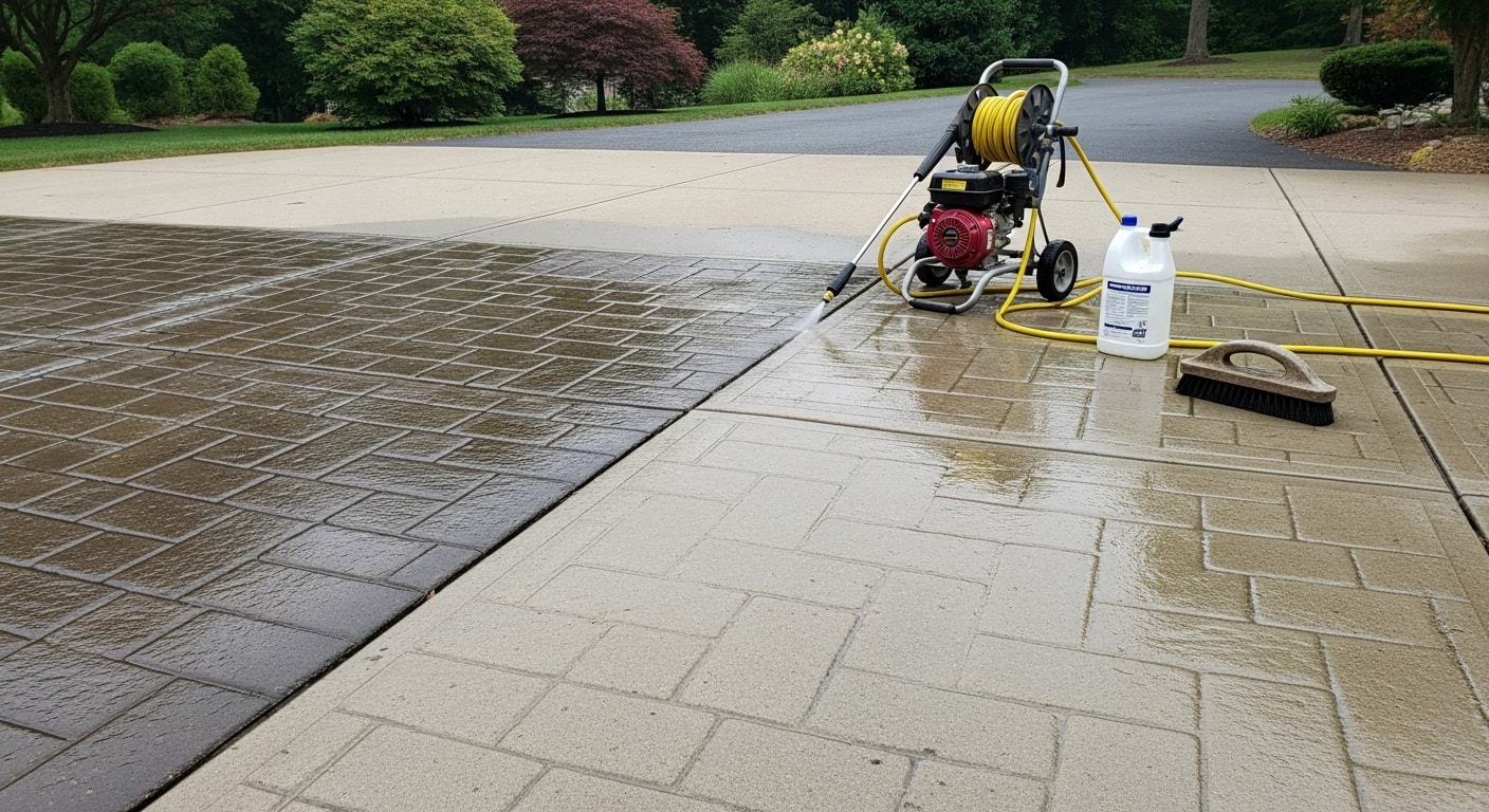 A concrete paver driveway in a New Jersey residential neighborhood being power washed, showing a clean bright surface on one side and dark algae-stained pavers on the other. A professional technician directs a pressure washing wand across the surface.